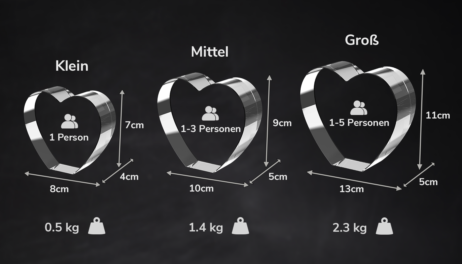 Eine Größenübersicht der verschiedenen verfügbaren 3D-Fotokristallgrößen